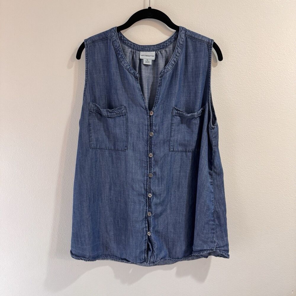 Liz Claiborne Tank Top Shirt XL Chambray Blue 100% Lyocell Comfy Button Front